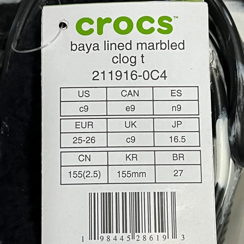 Crocs Toddler Boys Lined Clog Size 9 Black White Marbled Slip-on Cozy Warm Shoes